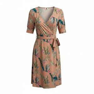 Star Tropical Floral Palm Print Wrap Dress Peach V-Neck Short Sleeve Summer 3x